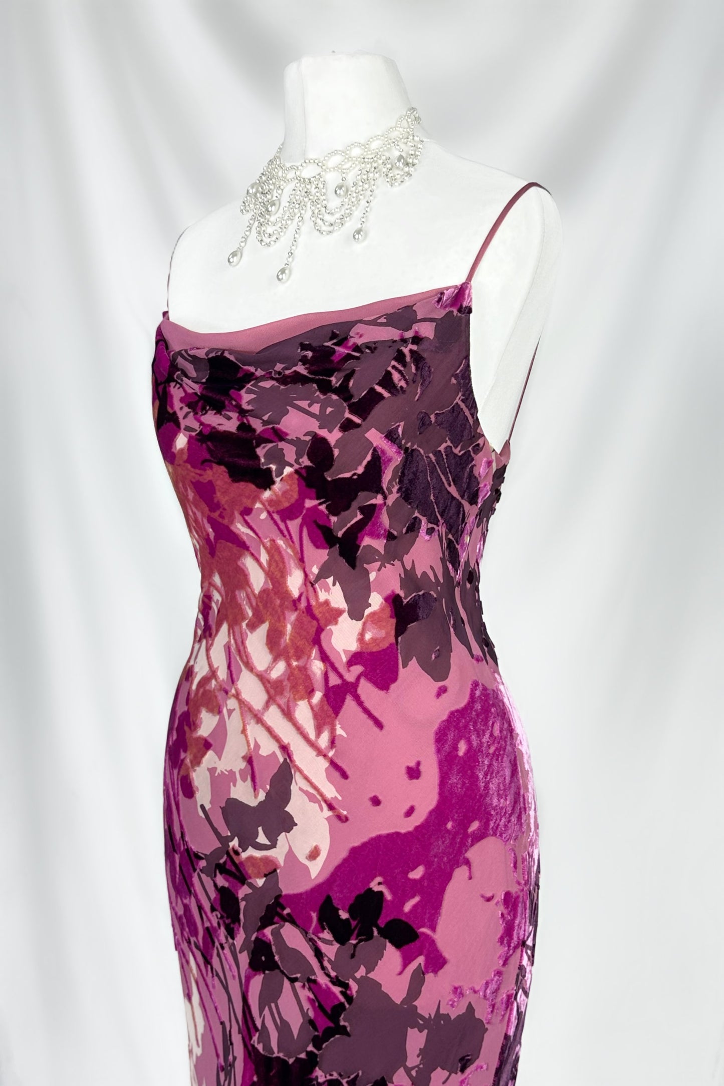 FUSCHIA FLORALS VELVET SILK DEVORE MAXI DRESS WITH SHAWL