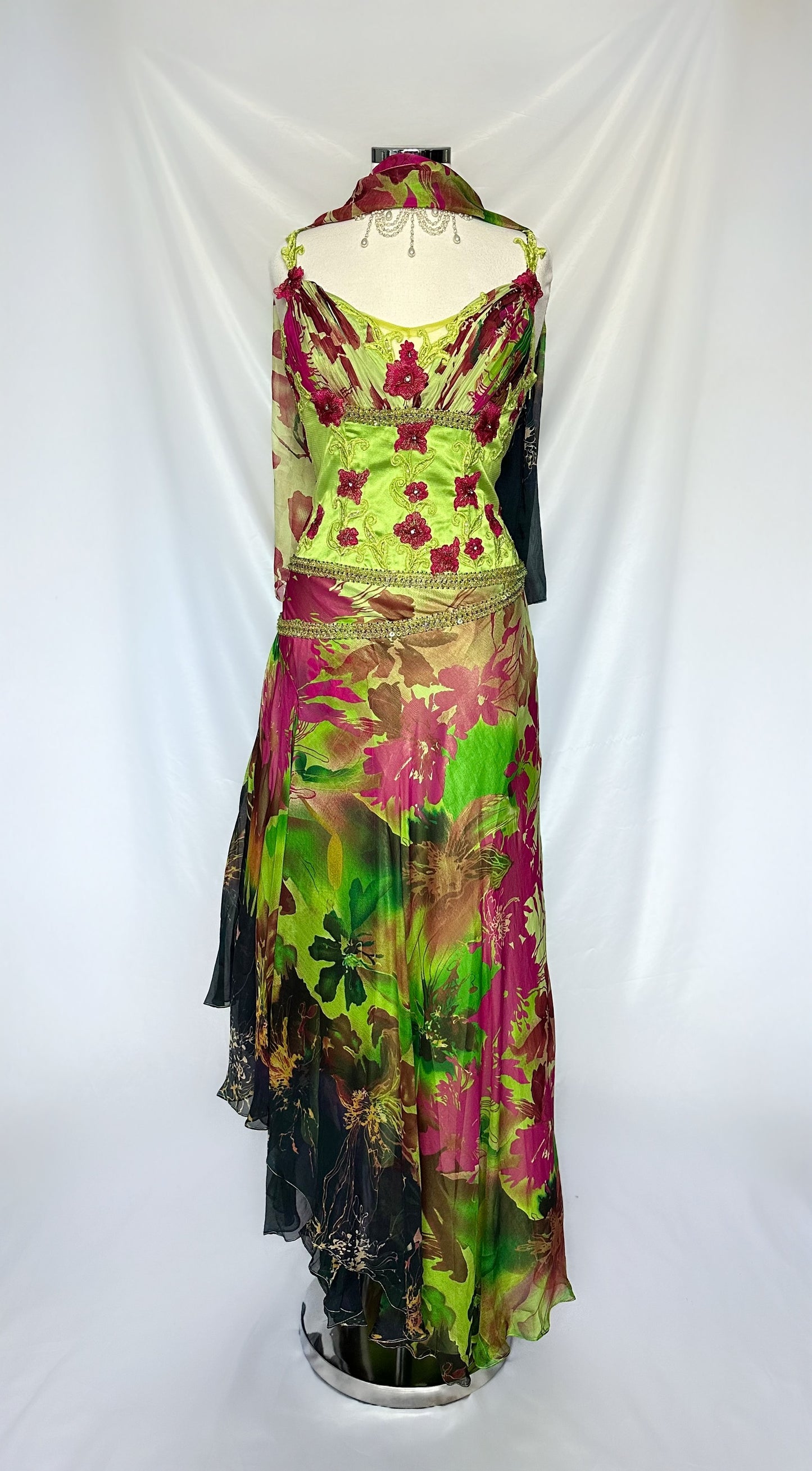 TROPICAL OASIS SILK EMBELLISHED MIDAXI DRESS WITH MATCHING SCARF