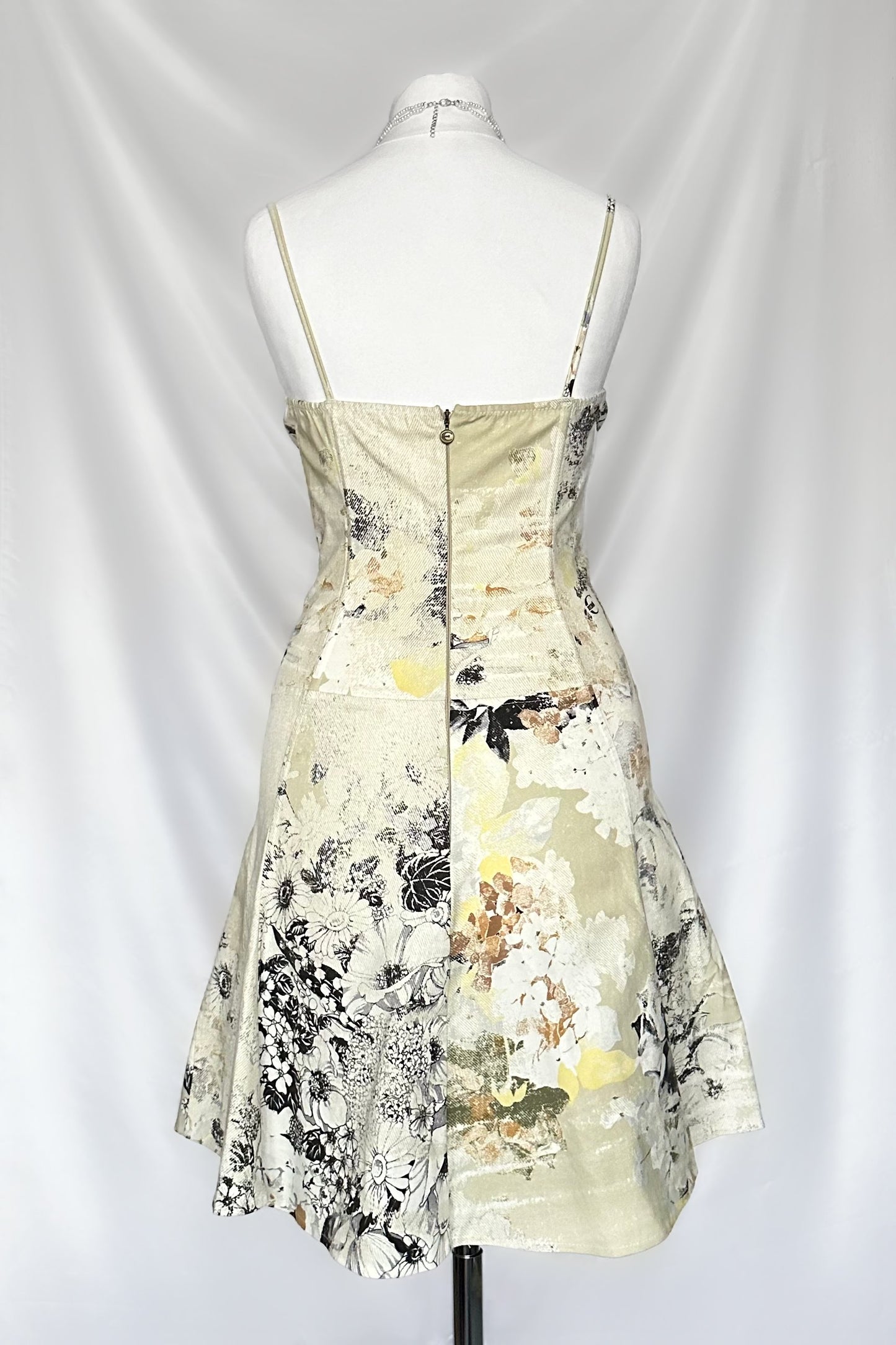 VINTAGE 00s ROBERTO CAVALLI DENIM FLORAL ABSTRACT CORSET MIDI