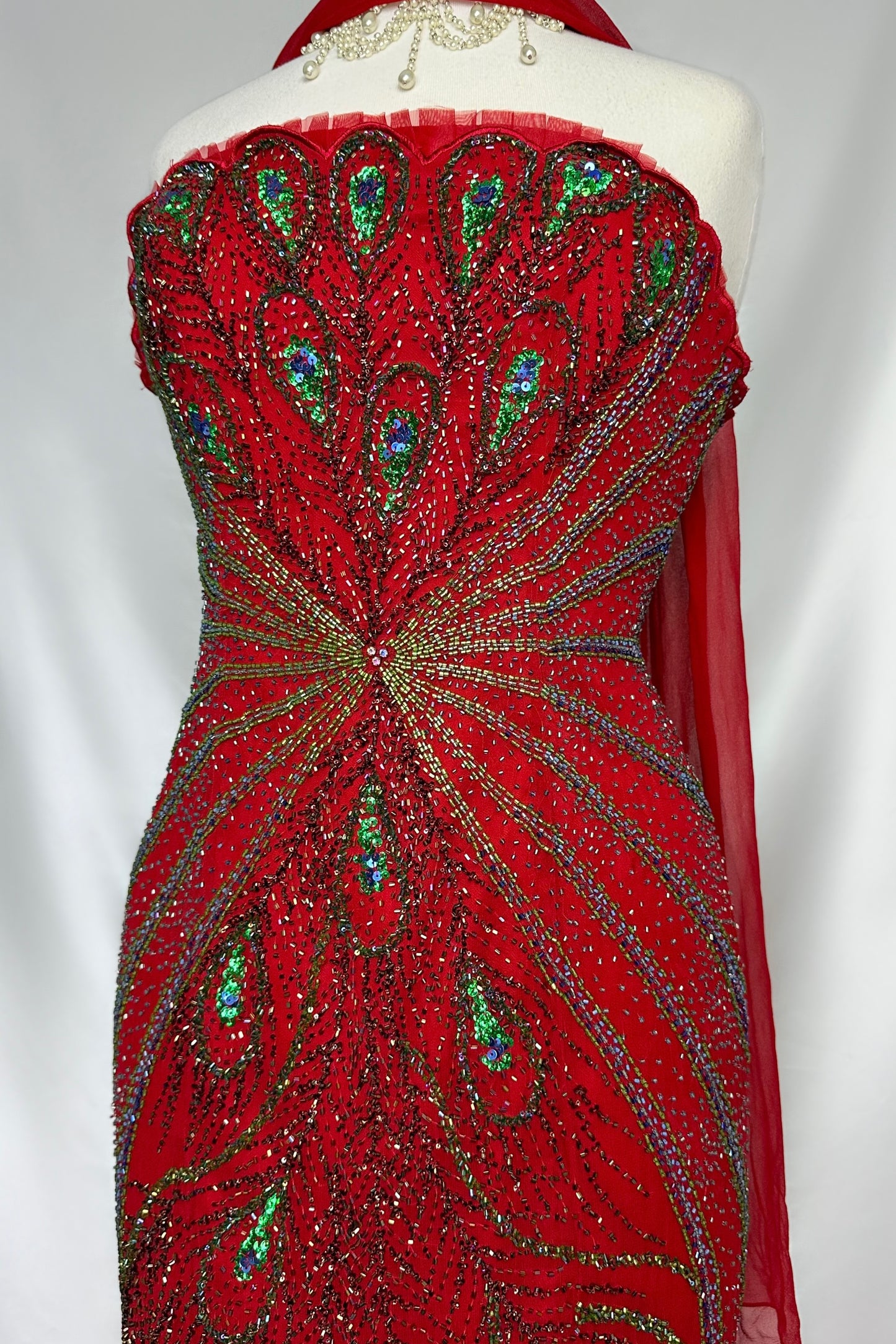 RUBY EMBELLISHED PEACOCK SILK STRAPLESS GOWN WITH MATCHING SCARF