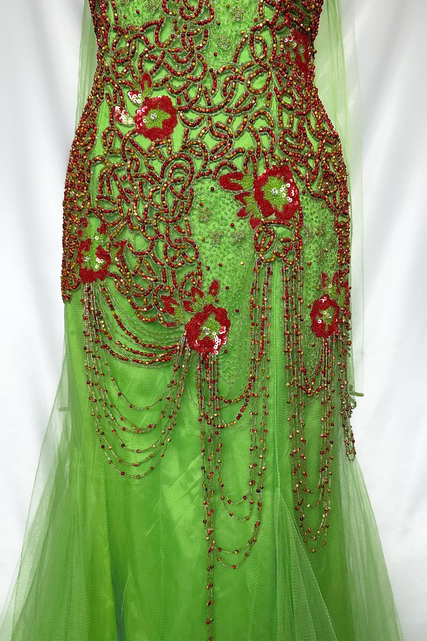 LIME GREEN MESH EMBELLISHED WATERFALL GOWN WITH MATCHING SCARF