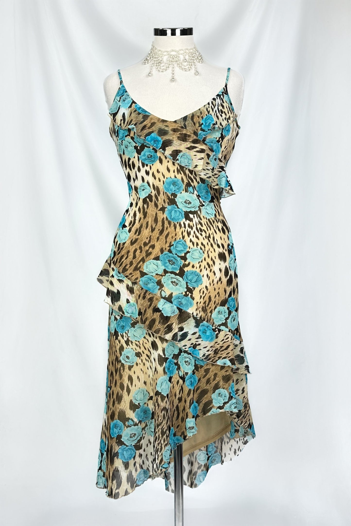 WILD BLOOM ROSE LEOPARD RUFFLE MIDI DRESS