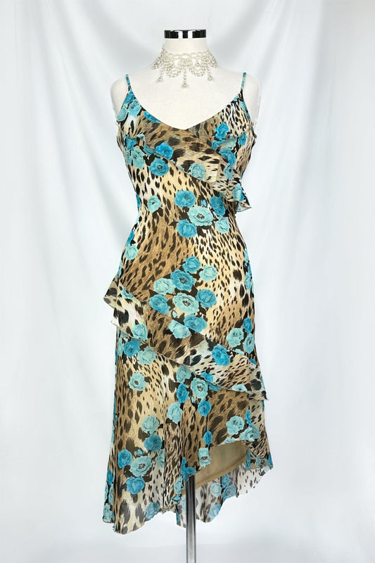 WILD BLOOM ROSE LEOPARD RUFFLE MIDI DRESS