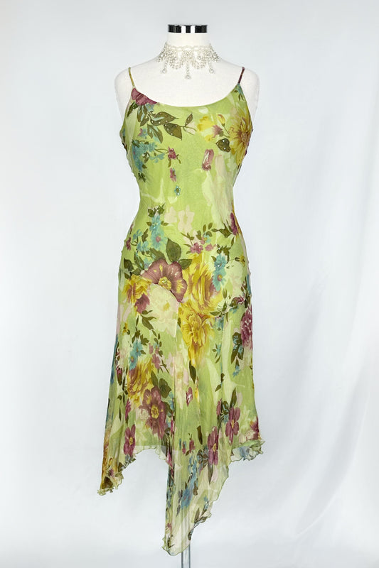 PISTACHIO WATERCOLOUR FLORALS ASYMMETRICAL MIDI DRESS