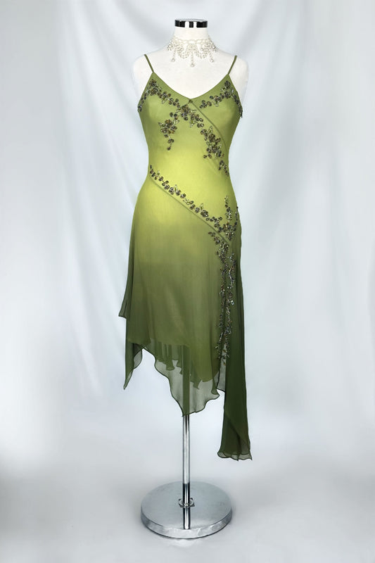 NATURE FAIRY SILK CHIFFON EMBELLISHED ASYMMETRICAL MIDI DRESS
