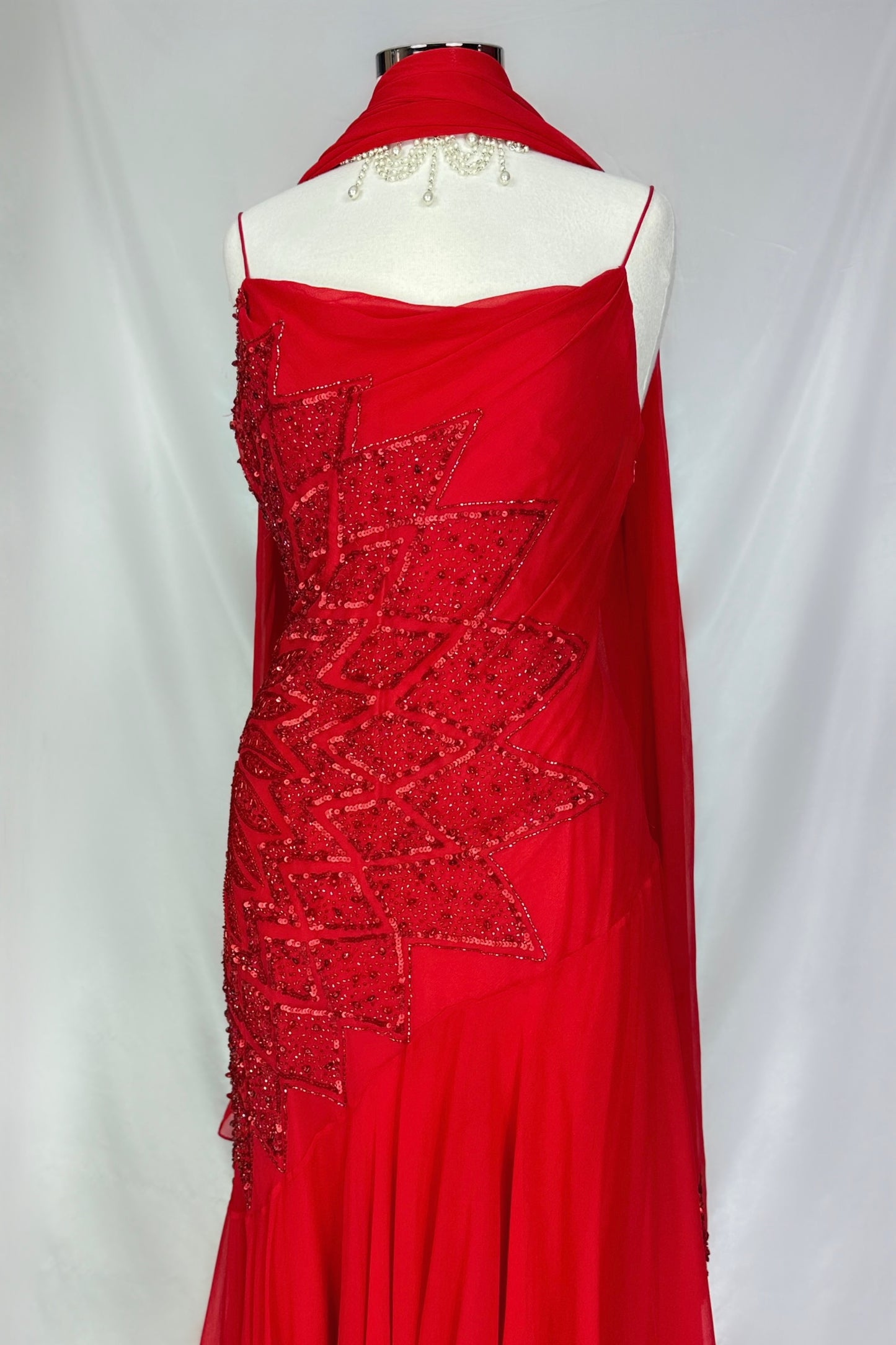 CHERRY RED EMBELLISHED STAR FLOWER SILK MIDAXI DRESS WITH MATCHING SCARF