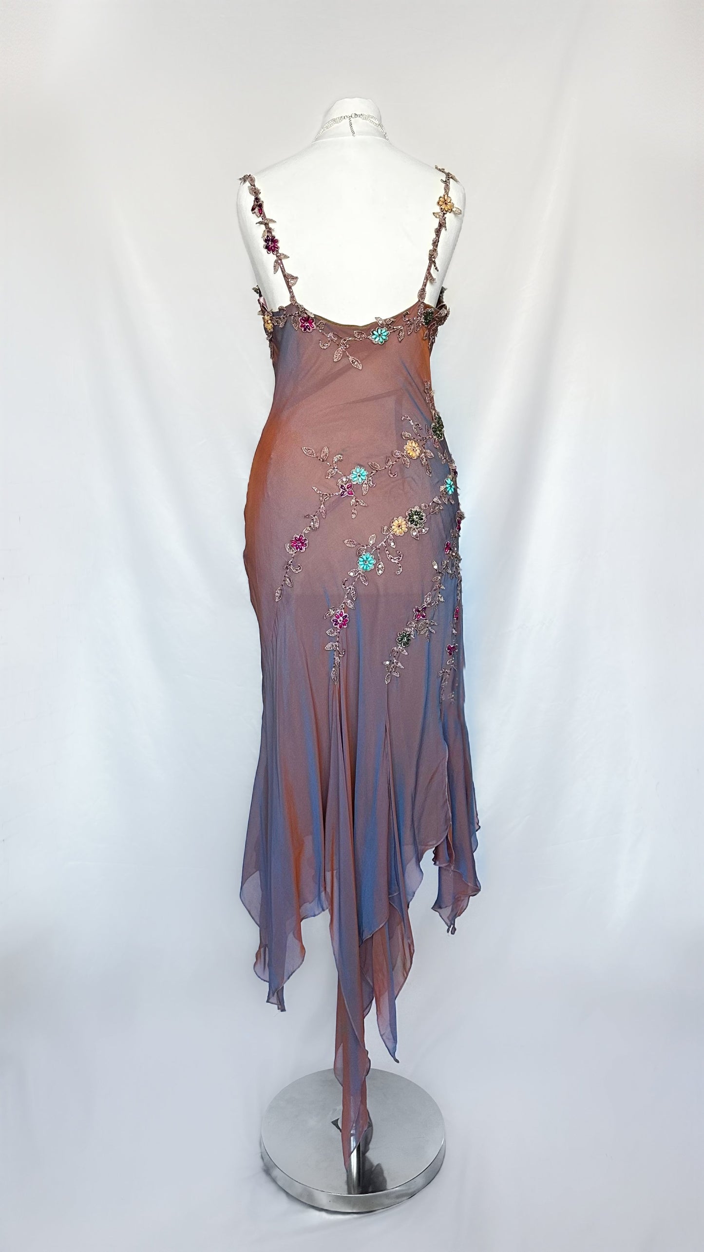 IRIDESCENT DUSK FLORAL EMBELLISHED ASYMMETRICAL MIDI DRESS