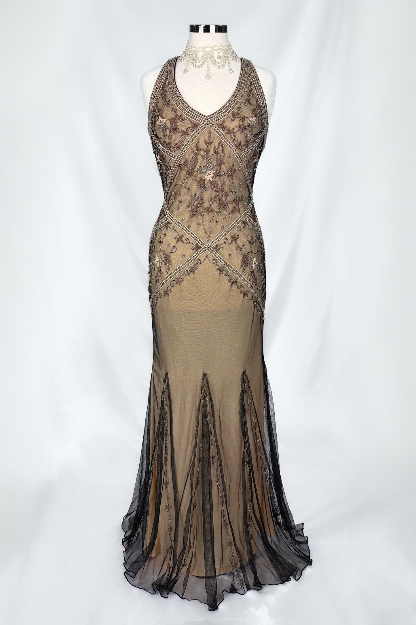 NUDE ELEGANCE MESH EMBELLISHED BACKLESS GOWN