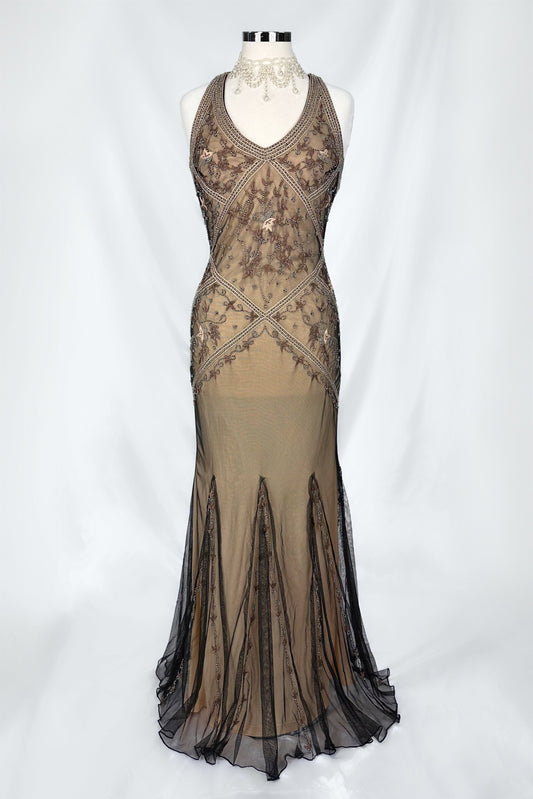 NUDE ELEGANCE MESH EMBELLISHED BACKLESS GOWN