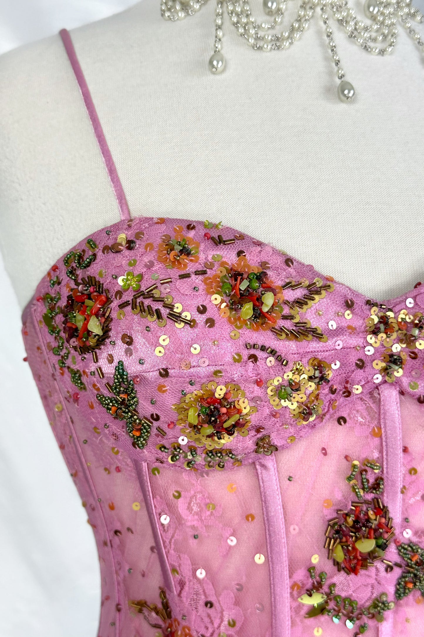 90s French Mesh Embellished Pink Corset Top