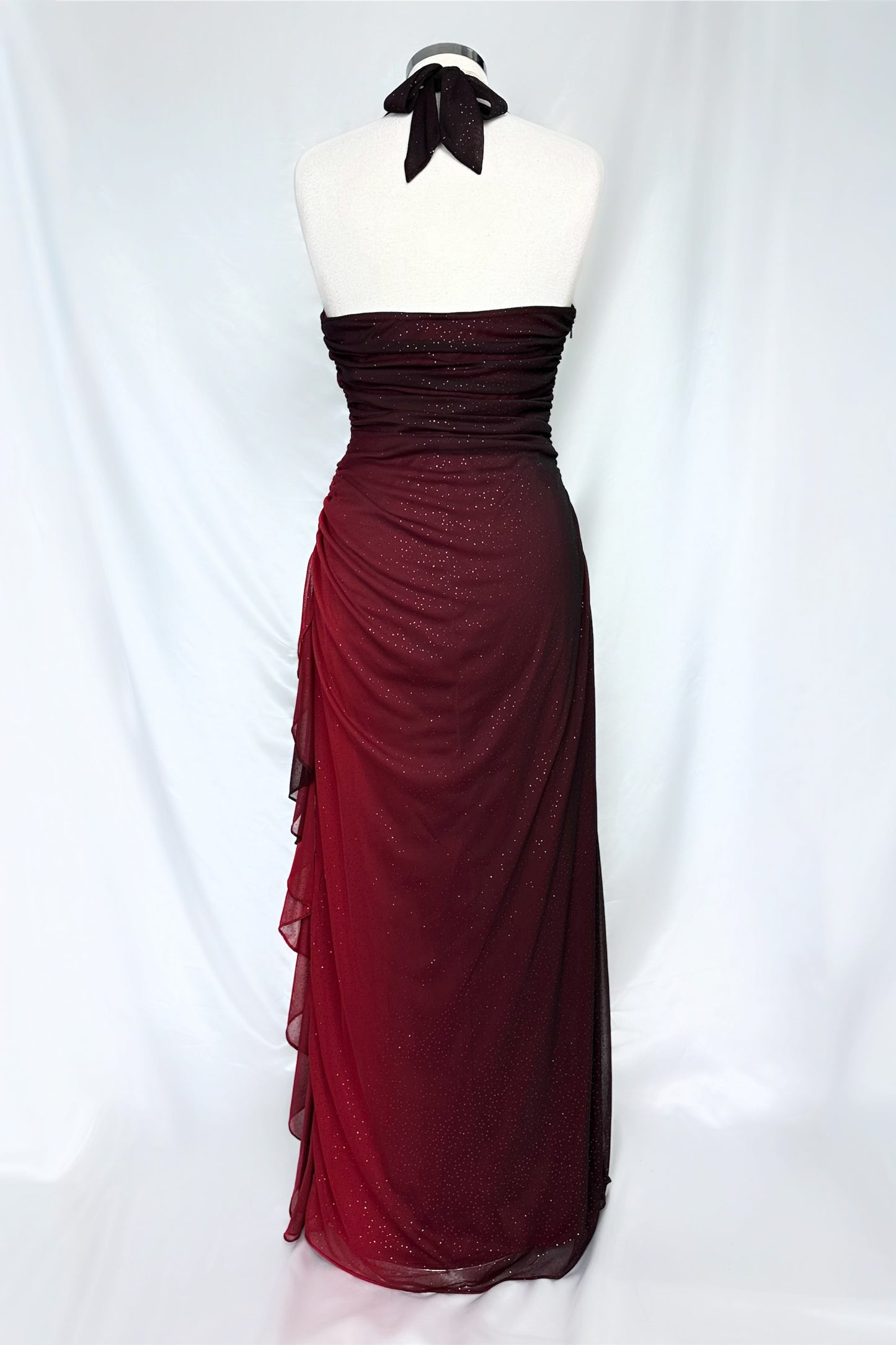 SHIMMERING GARNET OMBRÉ HALTER NECK MAXI DRESS
