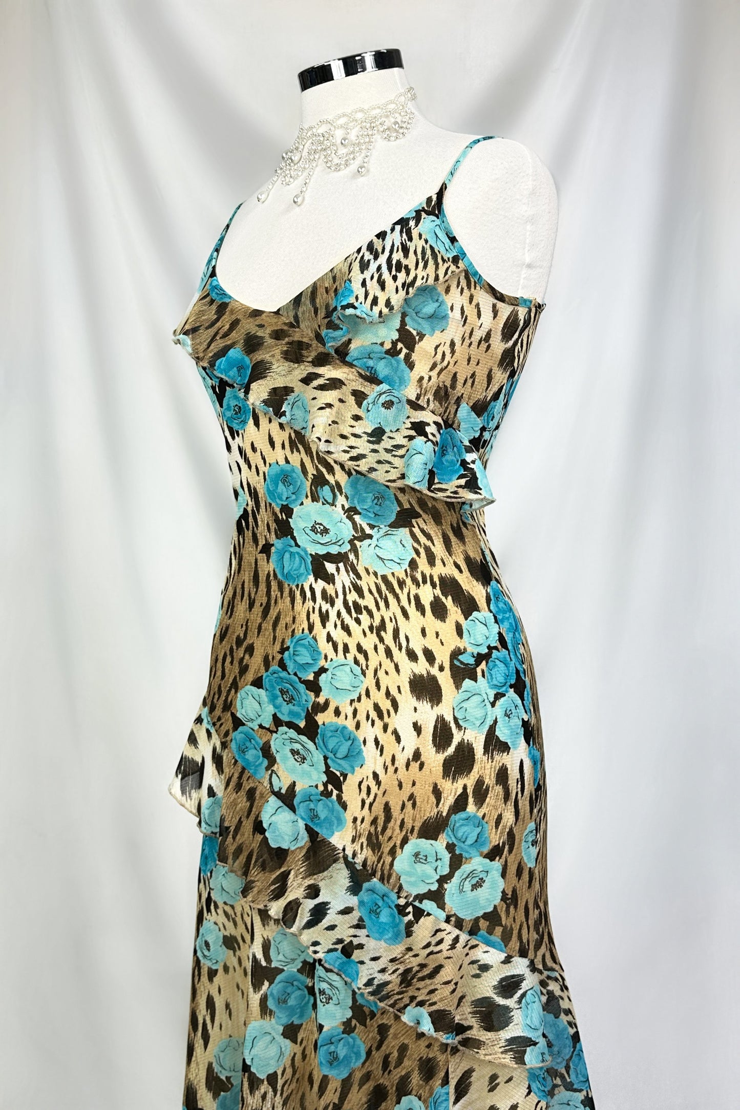 WILD BLOOM ROSE LEOPARD RUFFLE MIDI DRESS