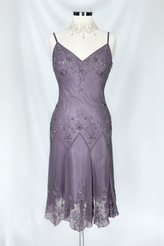 DUSKY AMETHYST SILK EMBELLISHED FAIRY MIDI DRESS