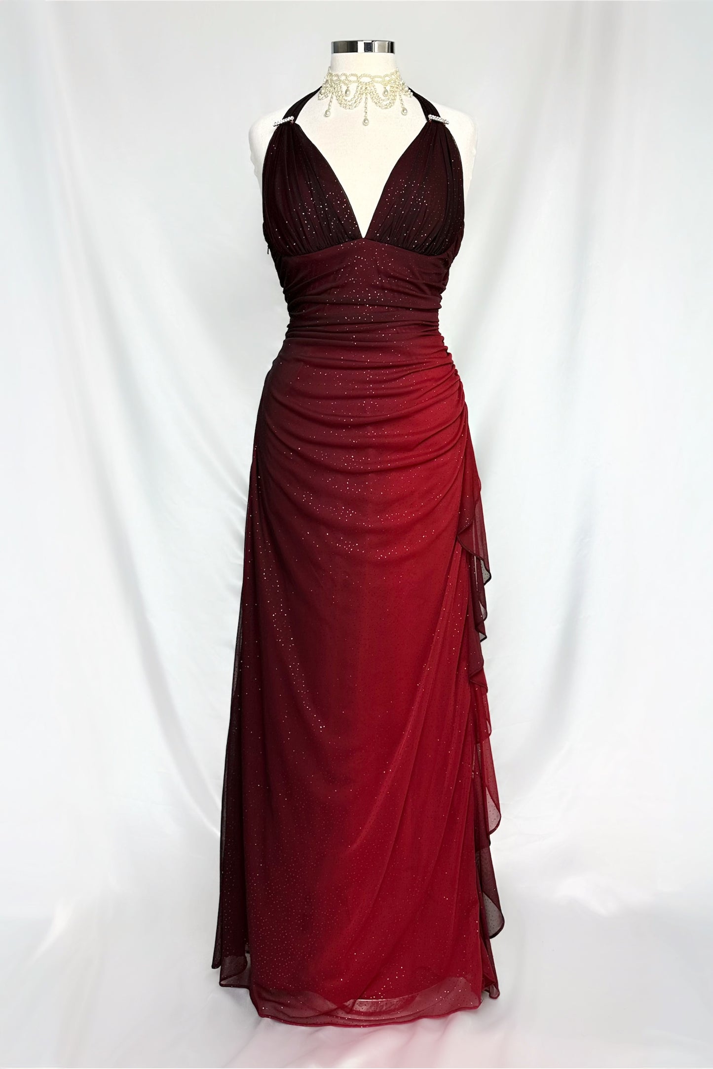 SHIMMERING GARNET OMBRÉ HALTER NECK MAXI DRESS