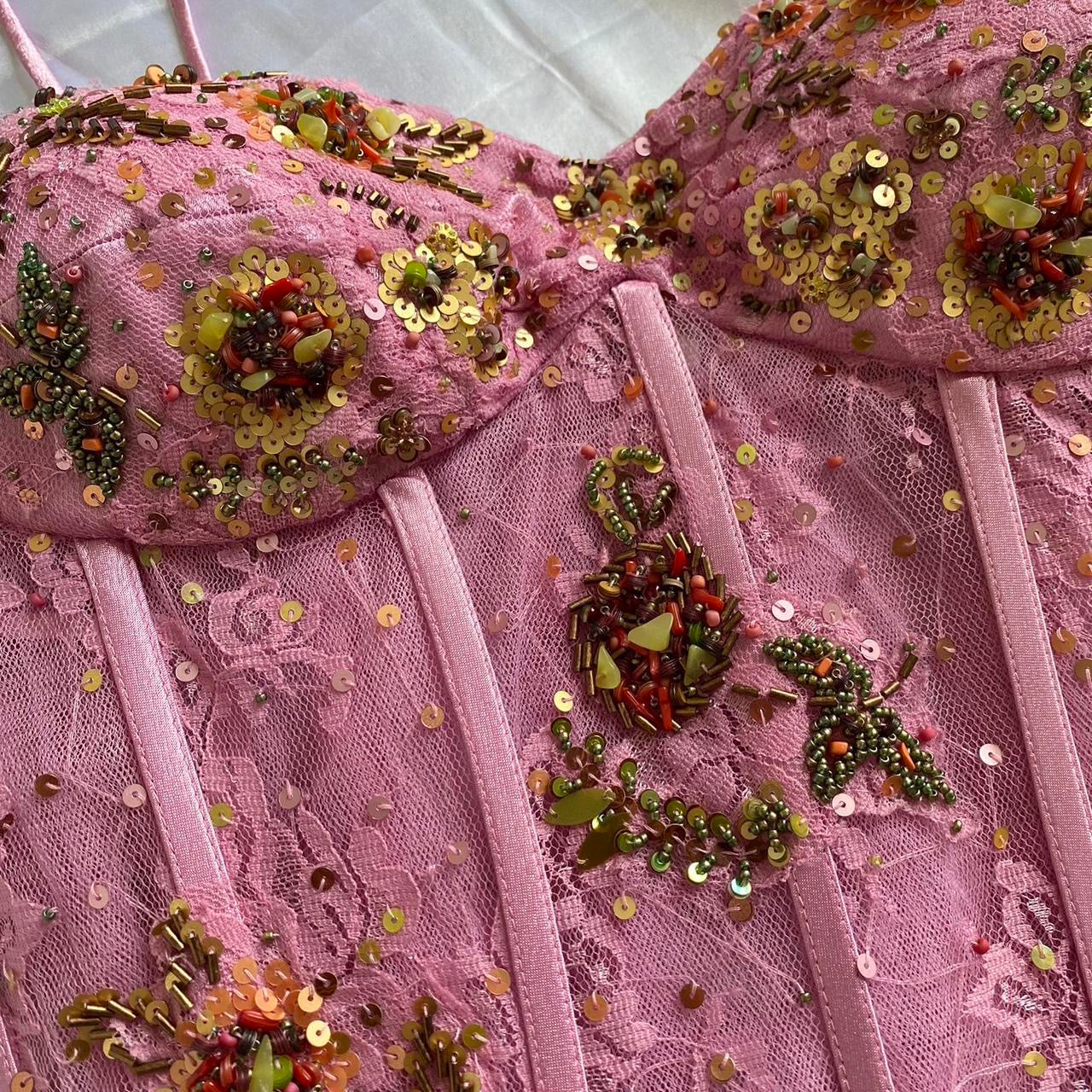 EMBELLISHED LUXURY FRENCH LACE PINK CORSET