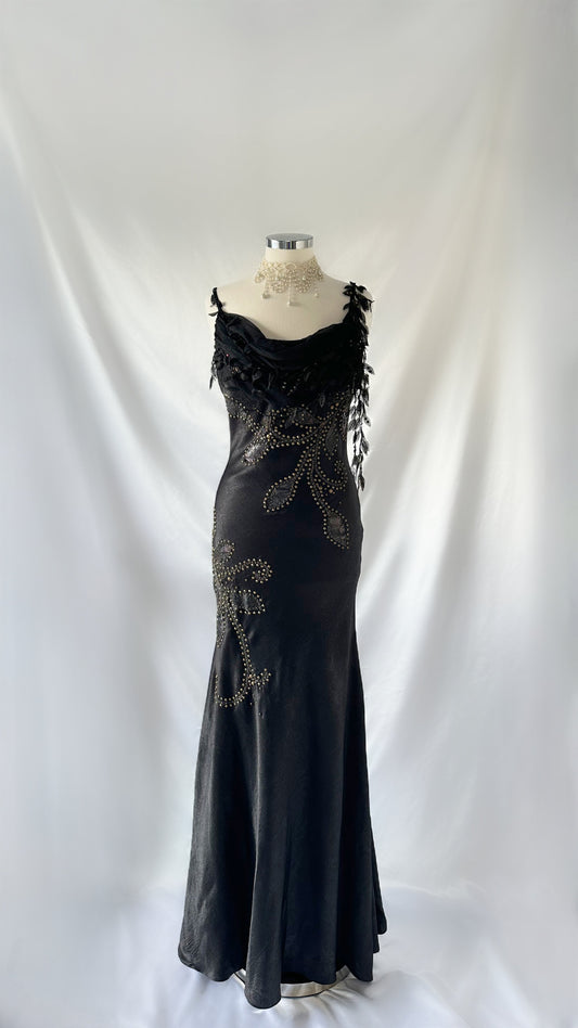 GRUNGE DRAPED FLORAL BUST METAL STUDDED GOWN