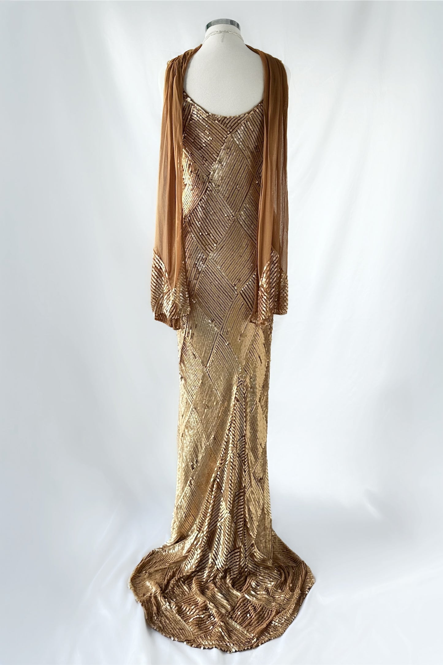 OLD HOLLYWOOD GOLD SEQUIN SILK GOWN & SCARF SET