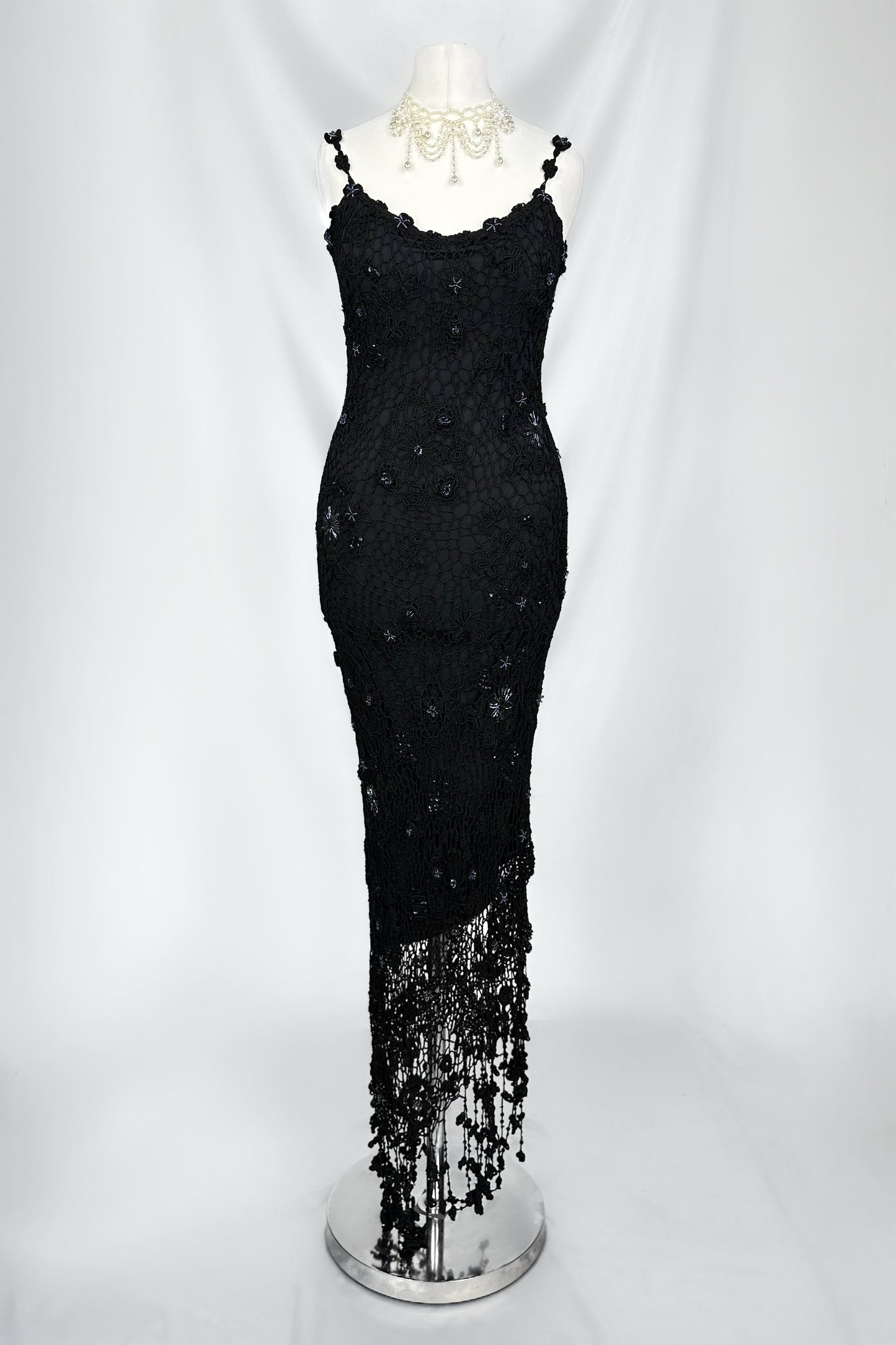 MIDNIGHT SIREN BLACK CROCHET BEADED MIDAXI DRESS & MATCHING CARDIGAN