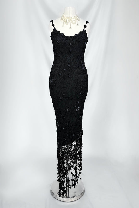MIDNIGHT SIREN BLACK CROCHET BEADED MIDAXI DRESS & MATCHING CARDIGAN