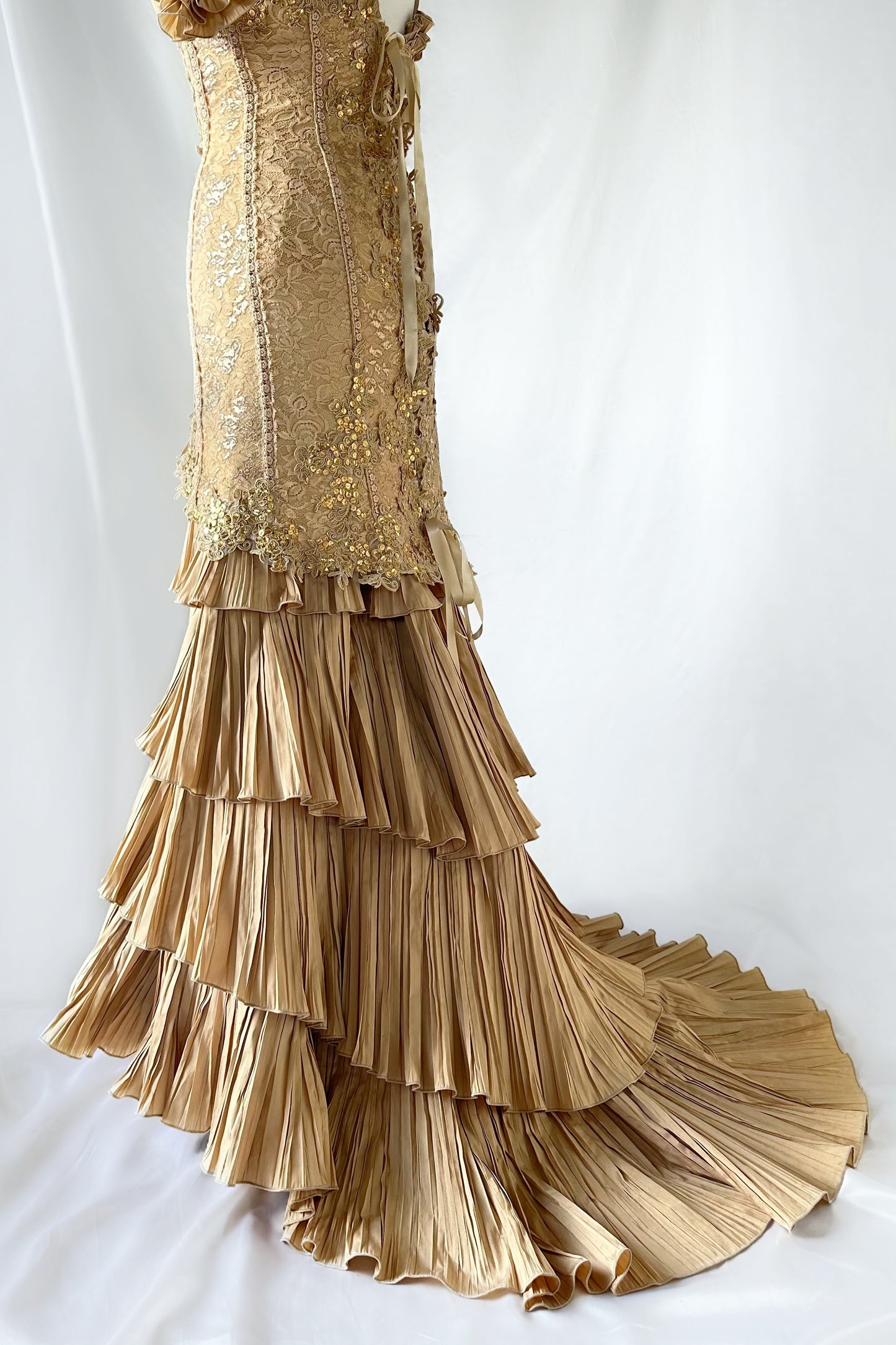 GOLDEN EMPRESS RUFFLE TIERED EMBELLISHED GOWN