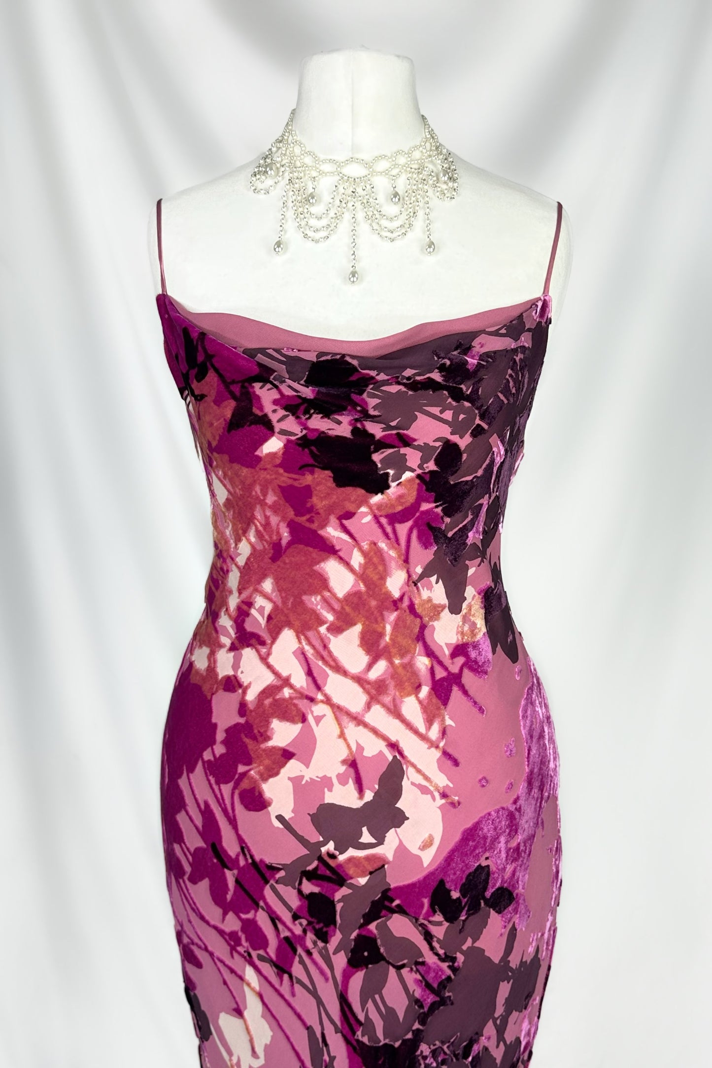 FUSCHIA FLORALS VELVET SILK DEVORE MAXI DRESS WITH SHAWL