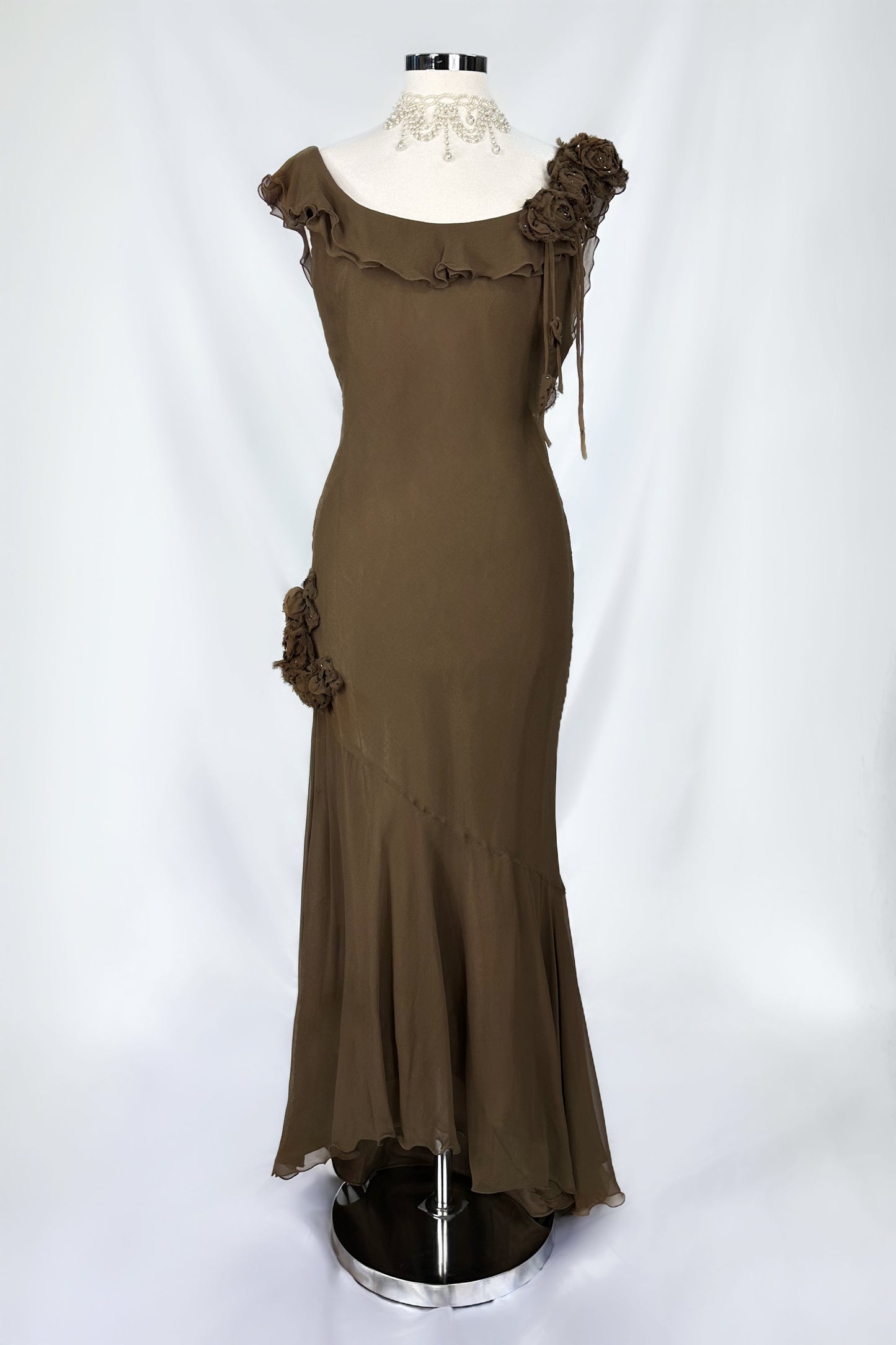 MOCHA BROWN ROSETTE SILK RUFFLE MIDAXI DRESS