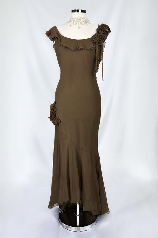 MOCHA BROWN ROSETTE SILK RUFFLE MIDAXI DRESS