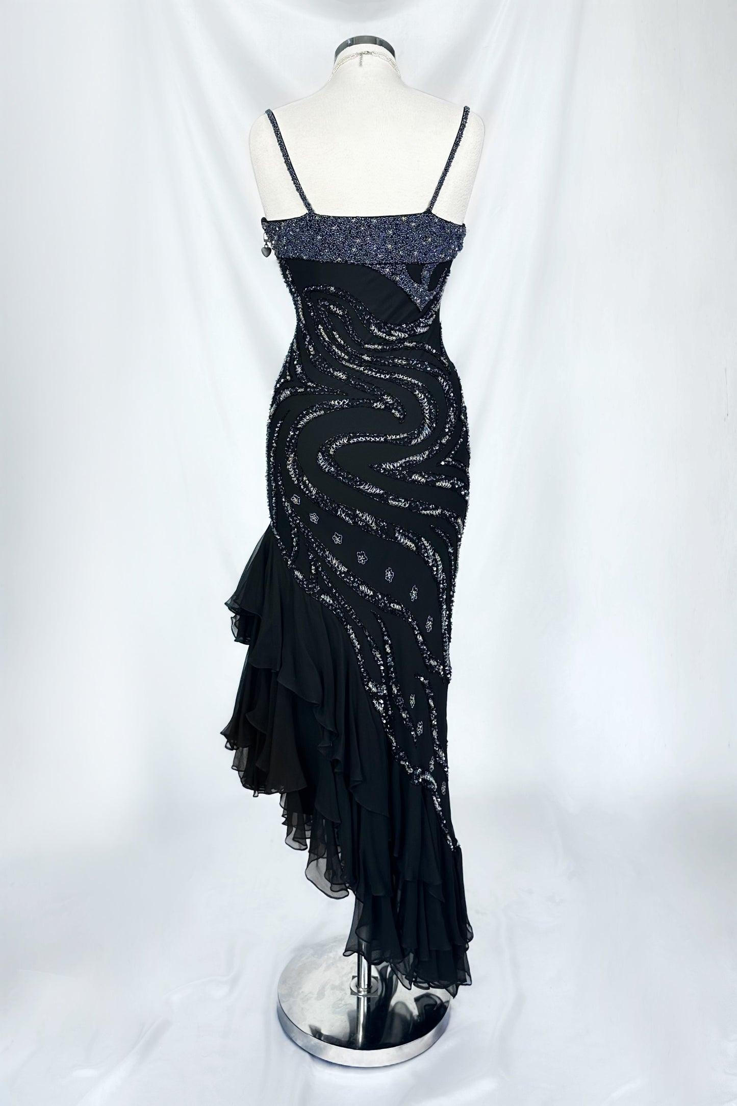 NOIR RUFFLES EMBELLISHED SILK MIDAXI DRESS