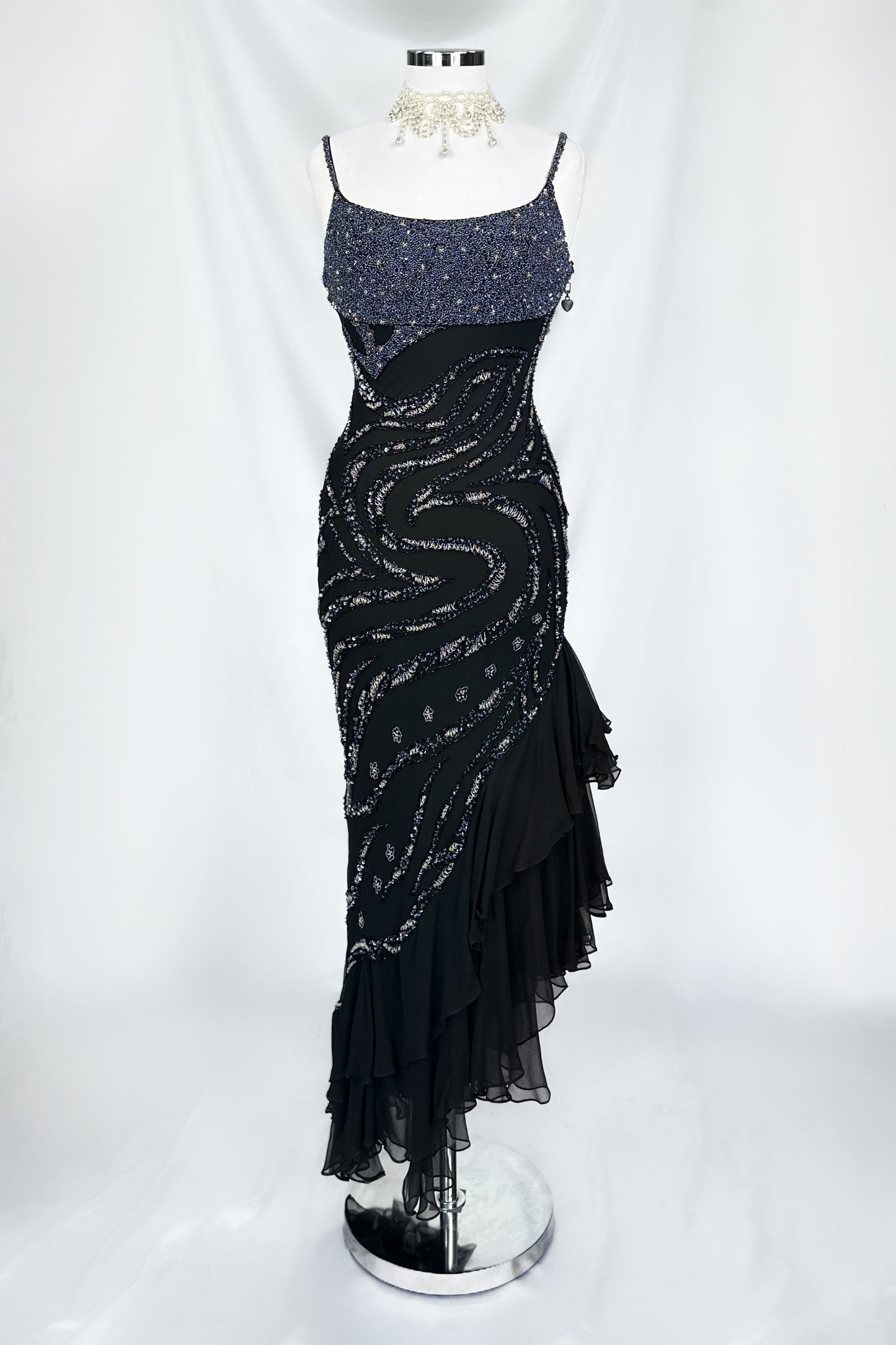 NOIR RUFFLES EMBELLISHED SILK MIDAXI DRESS