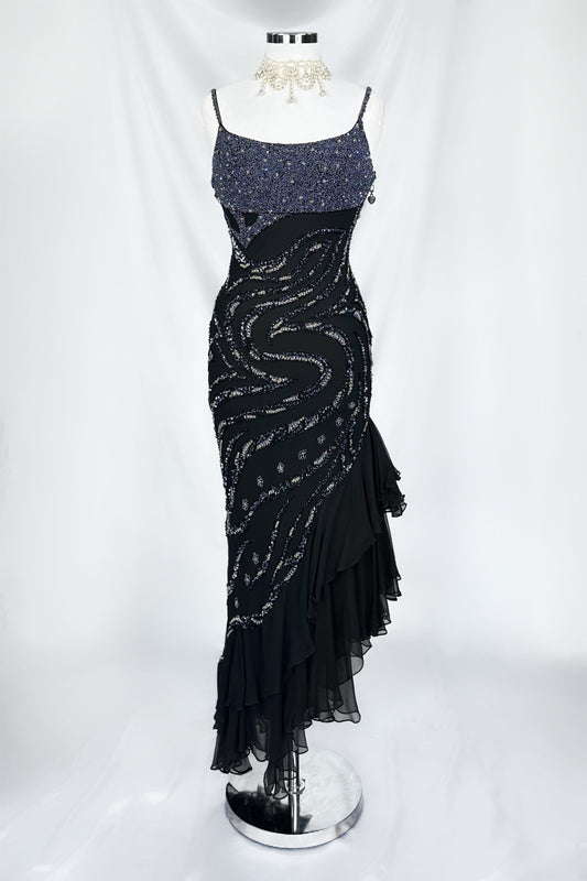 NOIR RUFFLES EMBELLISHED SILK MIDAXI DRESS