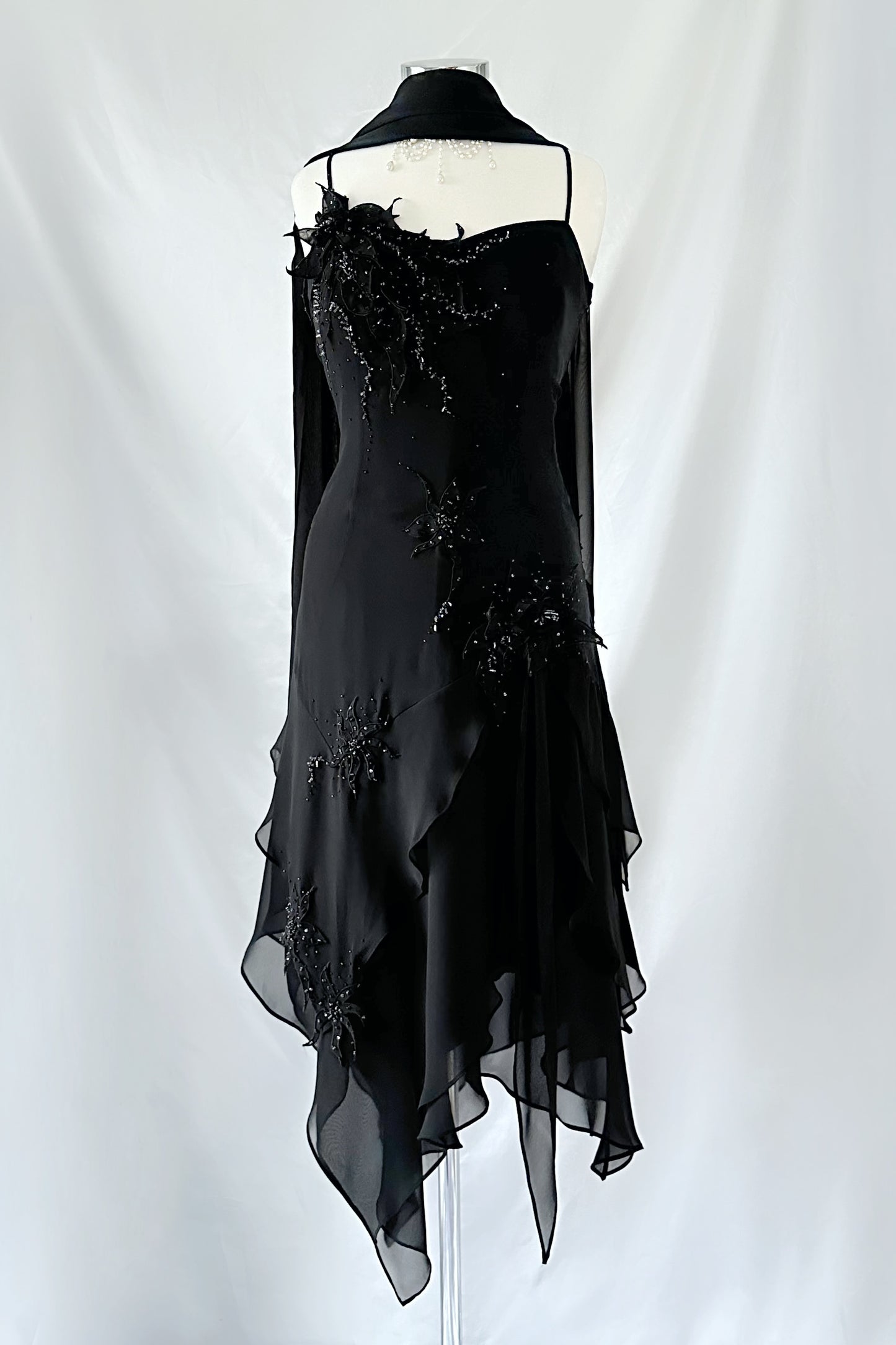 NOIR FLOWER EMBELLISHED ASYMMETRICAL DRESS & SCARF SET