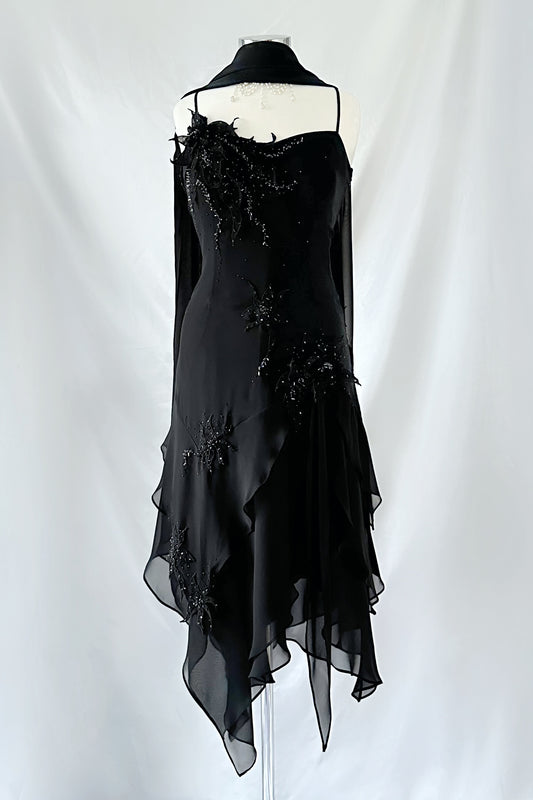 NOIR FLOWER EMBELLISHED ASYMMETRICAL DRESS & SCARF SET