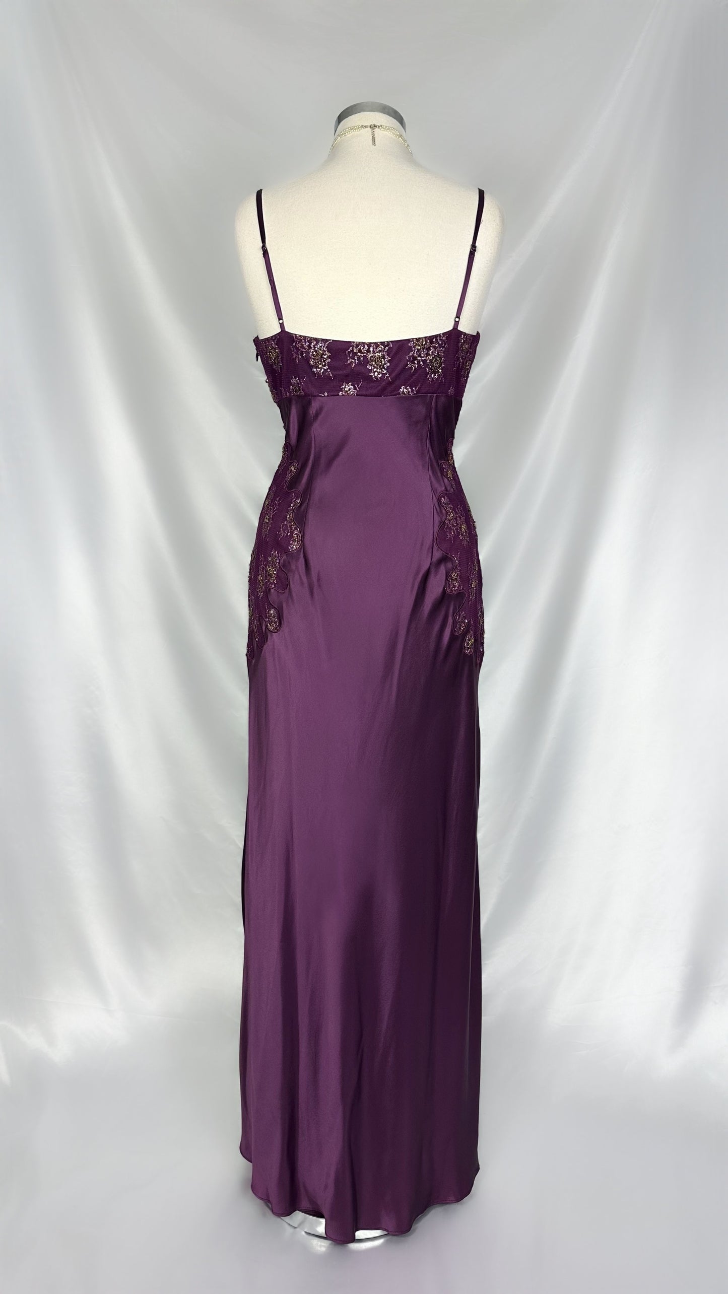 AMETHYST FLORAL EMBELLISHED SILK LEG SLIT GOWN