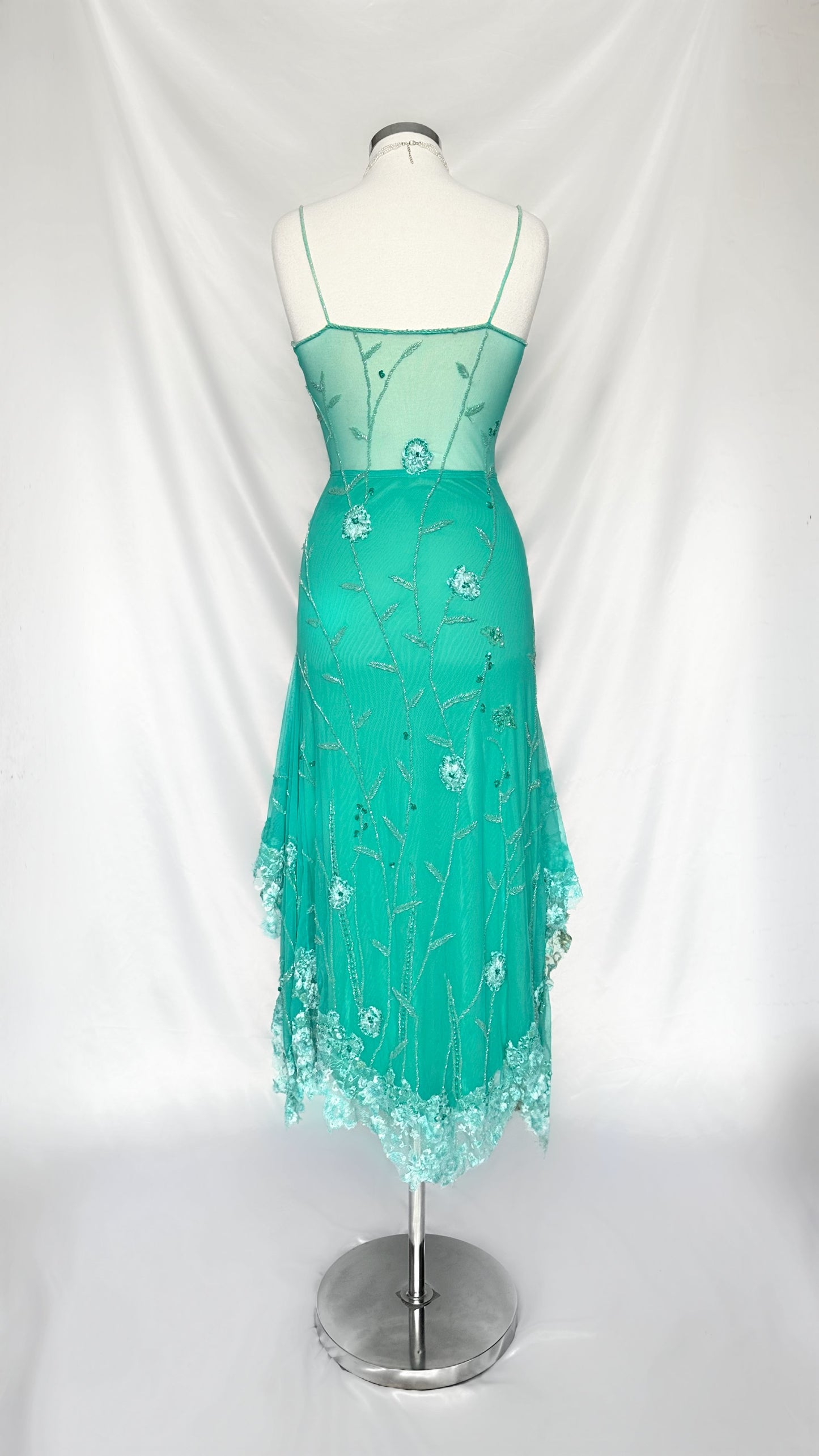 TURQUOISE FLORAL SHIMMERS EMBELLISHED MESH MIDI DRESS