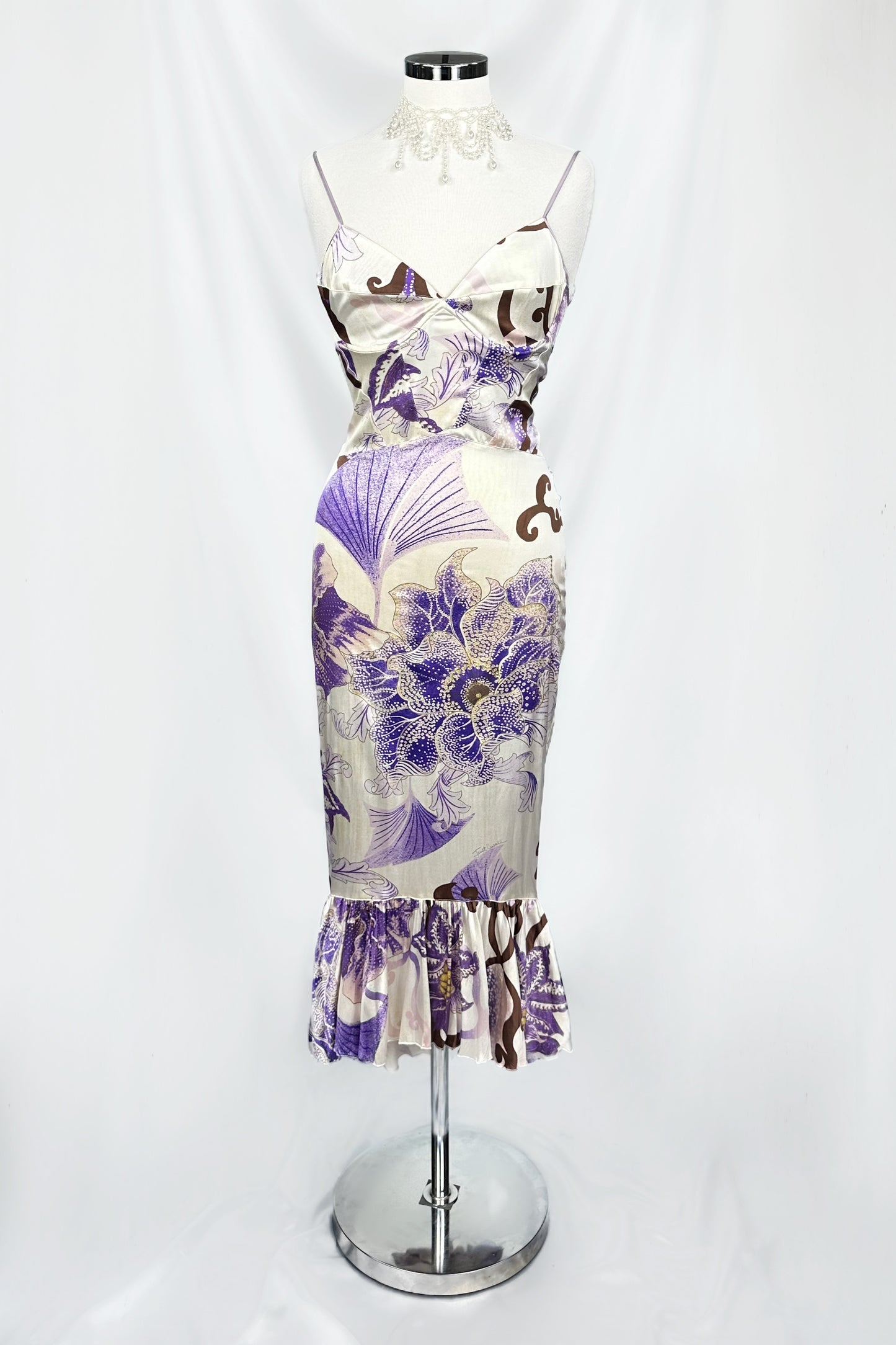 VINTAGE 00s ROBERTO CAVALLI FLORAL SILK MIDI DRESS