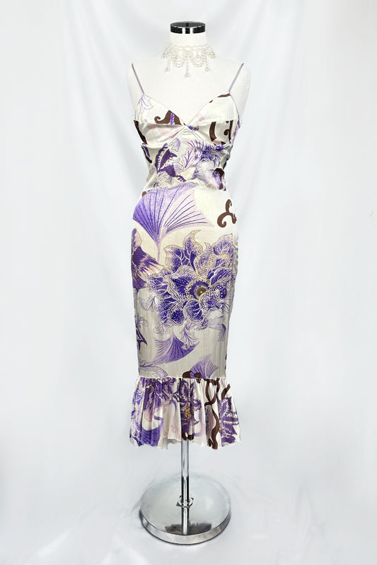 VINTAGE 00s ROBERTO CAVALLI FLORAL SILK MIDI DRESS
