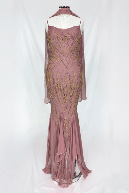 MUTED BLUSH MAUVE EMBELLISHED SILK GOWN & MATCHING SCARF SET