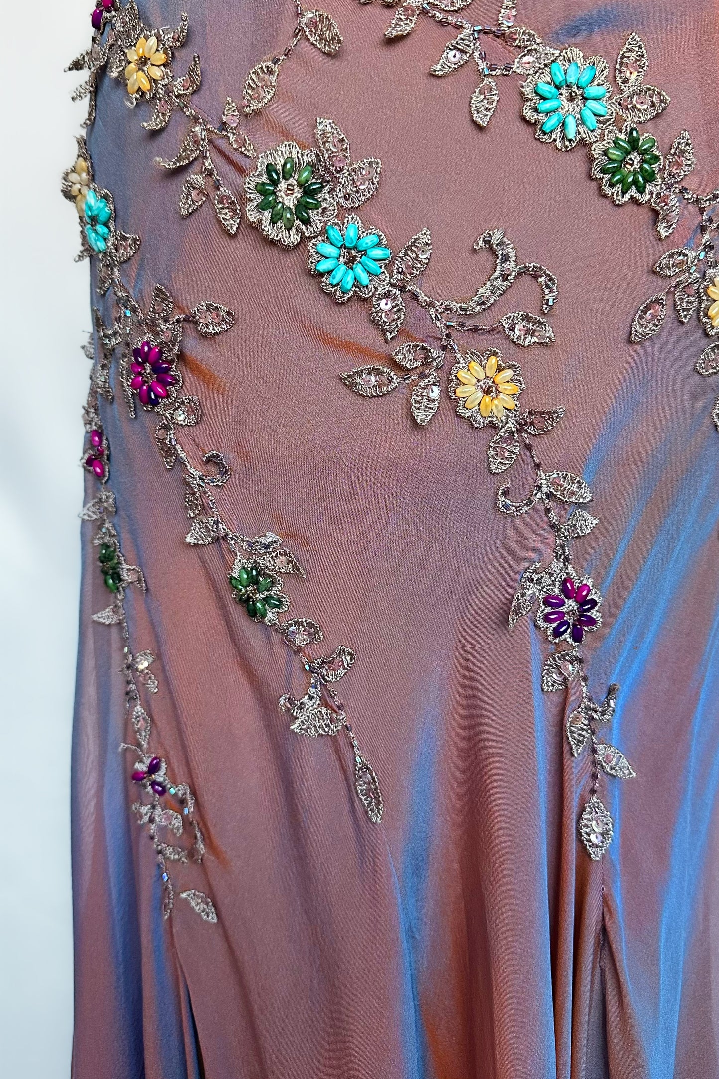 IRIDESCENT DUSK FLORAL EMBELLISHED ASYMMETRICAL MIDI DRESS