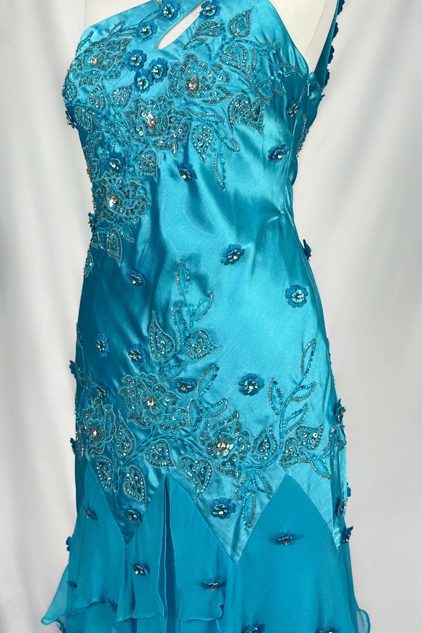 OCEAN BLUE ONE-SHOULDER EMBELLISHED JELLYFISH MIDI DRESS