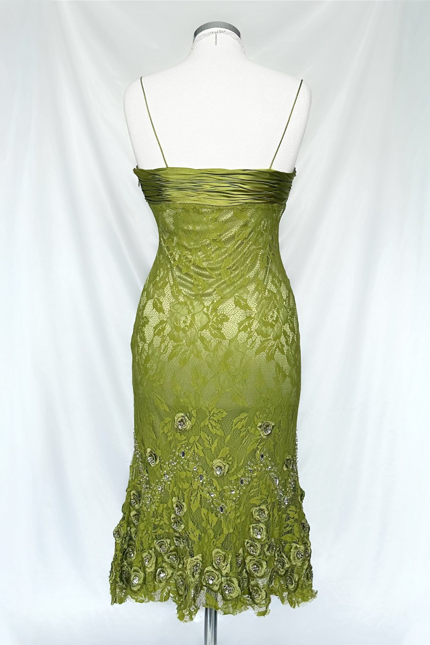 GREEN LACE FLORAL DIAMANTÉ EMBELLISHED MIDI DRESS WITH MATCHING CARDIGAN