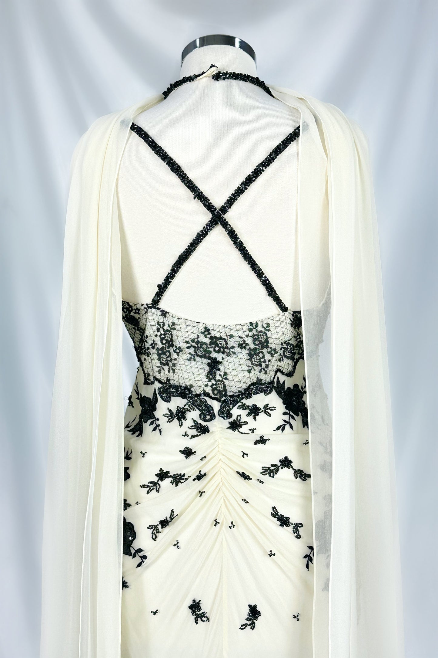 NOIR ENCHANTRESS SILK IVORY EMBELLISHED GOWN WITH MATCHING SCARF