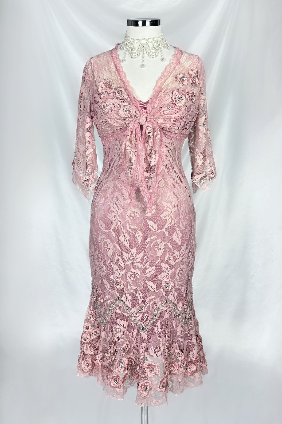 BLUSH PINK ROSE APPLIQUÉ LACE DRESS WITH MATCHING CARDIGAN
