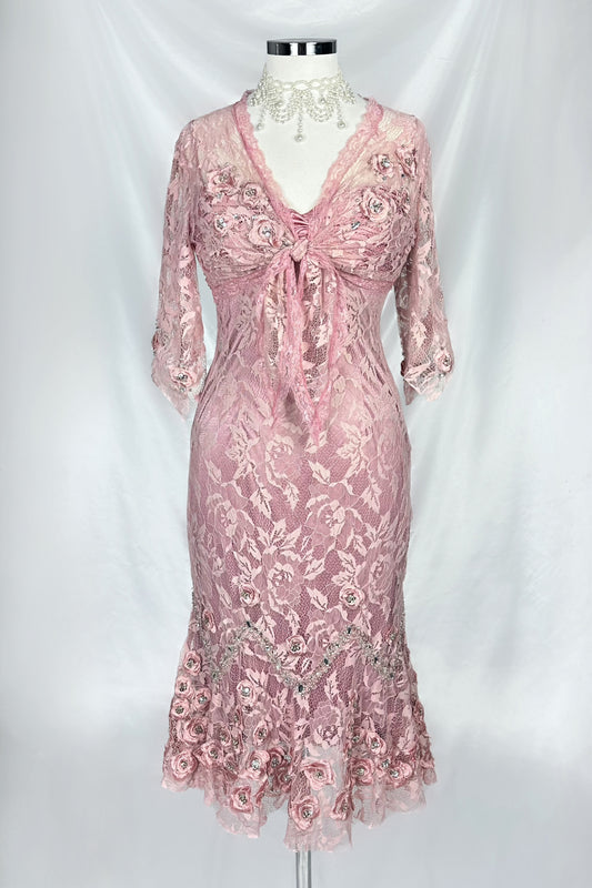 BLUSH PINK ROSE APPLIQUÉ LACE DRESS WITH MATCHING CARDIGAN