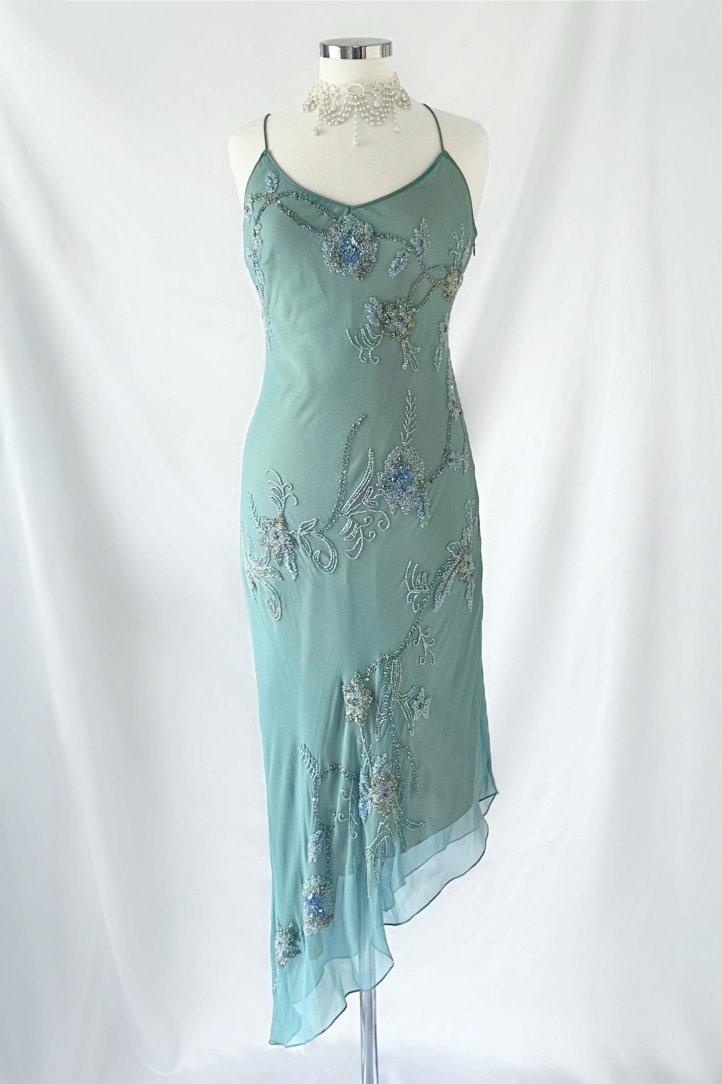 ICE BLUE ASYMMETRICAL FLORAL EMBELLISHED MIDI DRESS