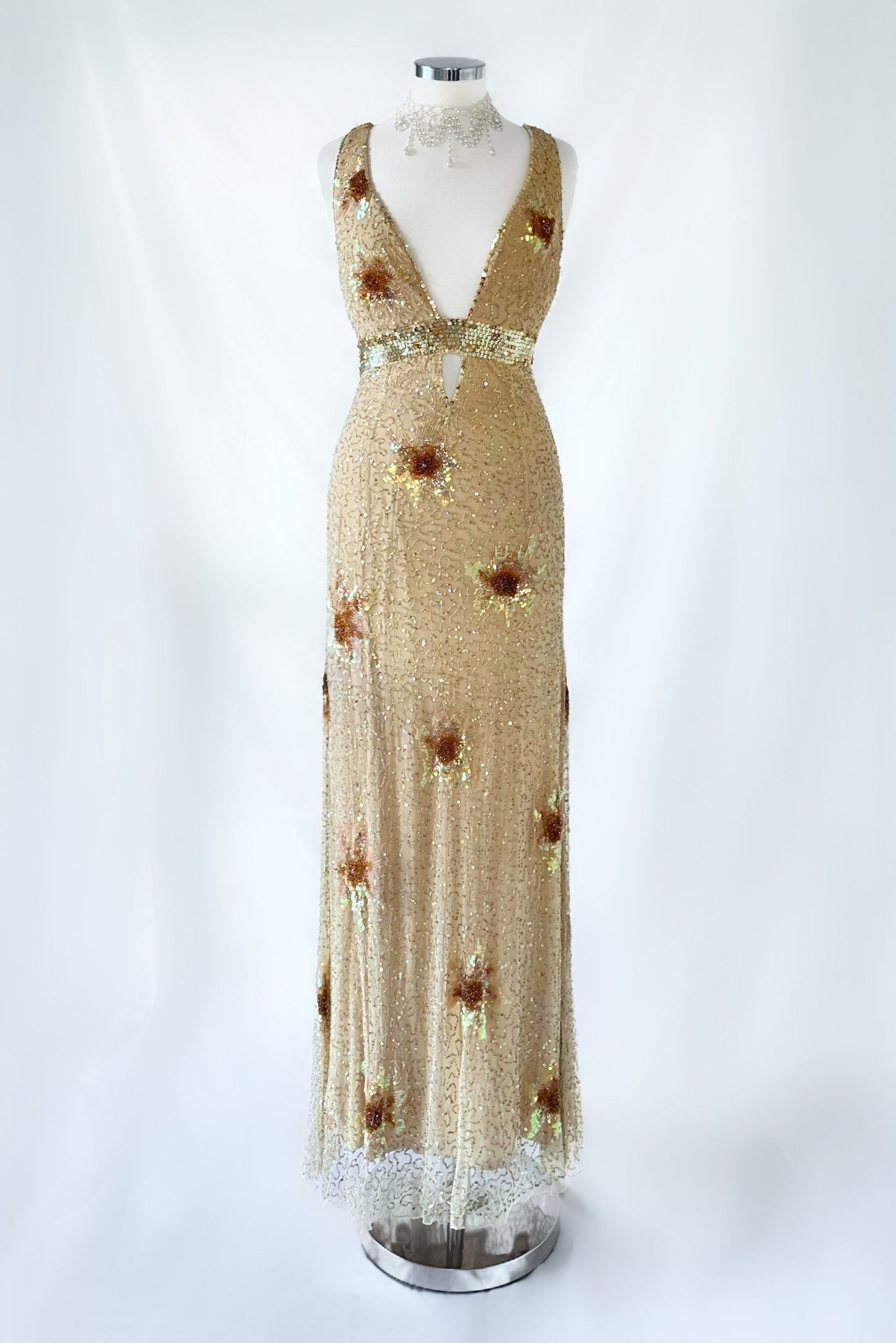 GOLD SUNFLOWER BACKLESS EMBELLISHED GOWN
