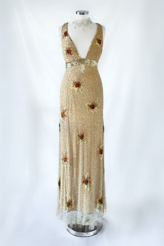 GOLD SUNFLOWER BACKLESS EMBELLISHED GOWN
