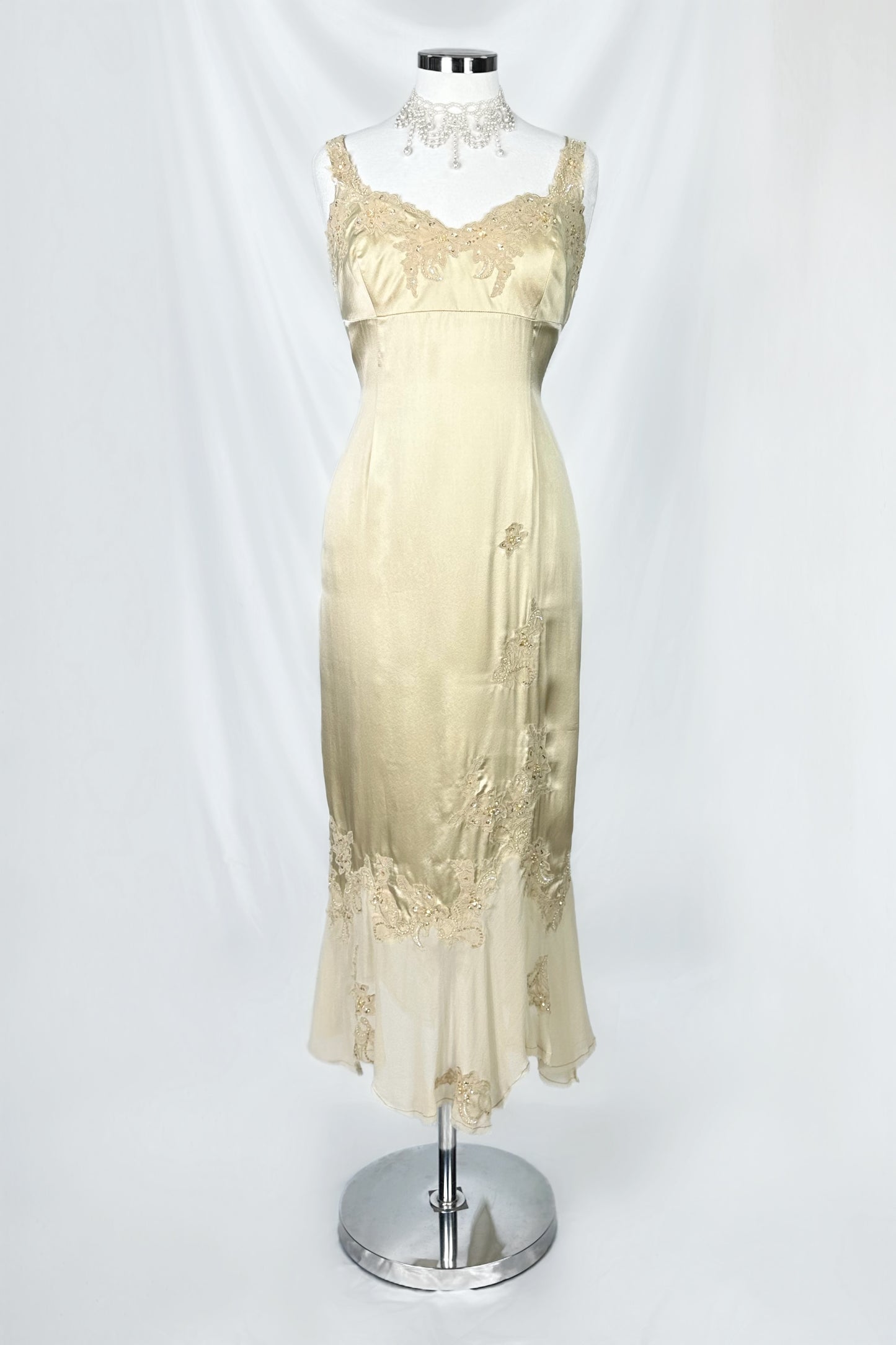 GOLDEN CHAMPAGNE SILK EMBELLISHED MIDAXI DRESS