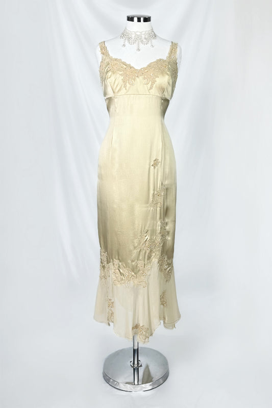 GOLDEN CHAMPAGNE SILK EMBELLISHED MIDAXI DRESS