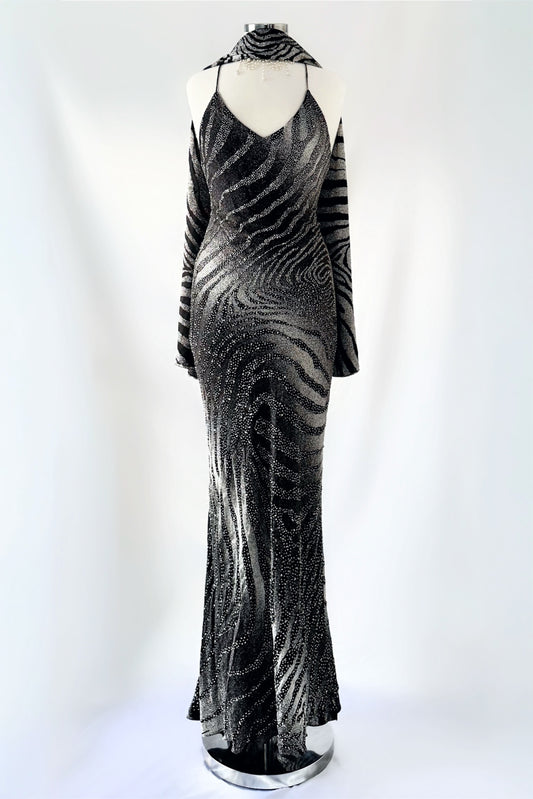 ZEBRA PRINT SILK EMBELLISHED BACKLESS GOWN & SCARF SET