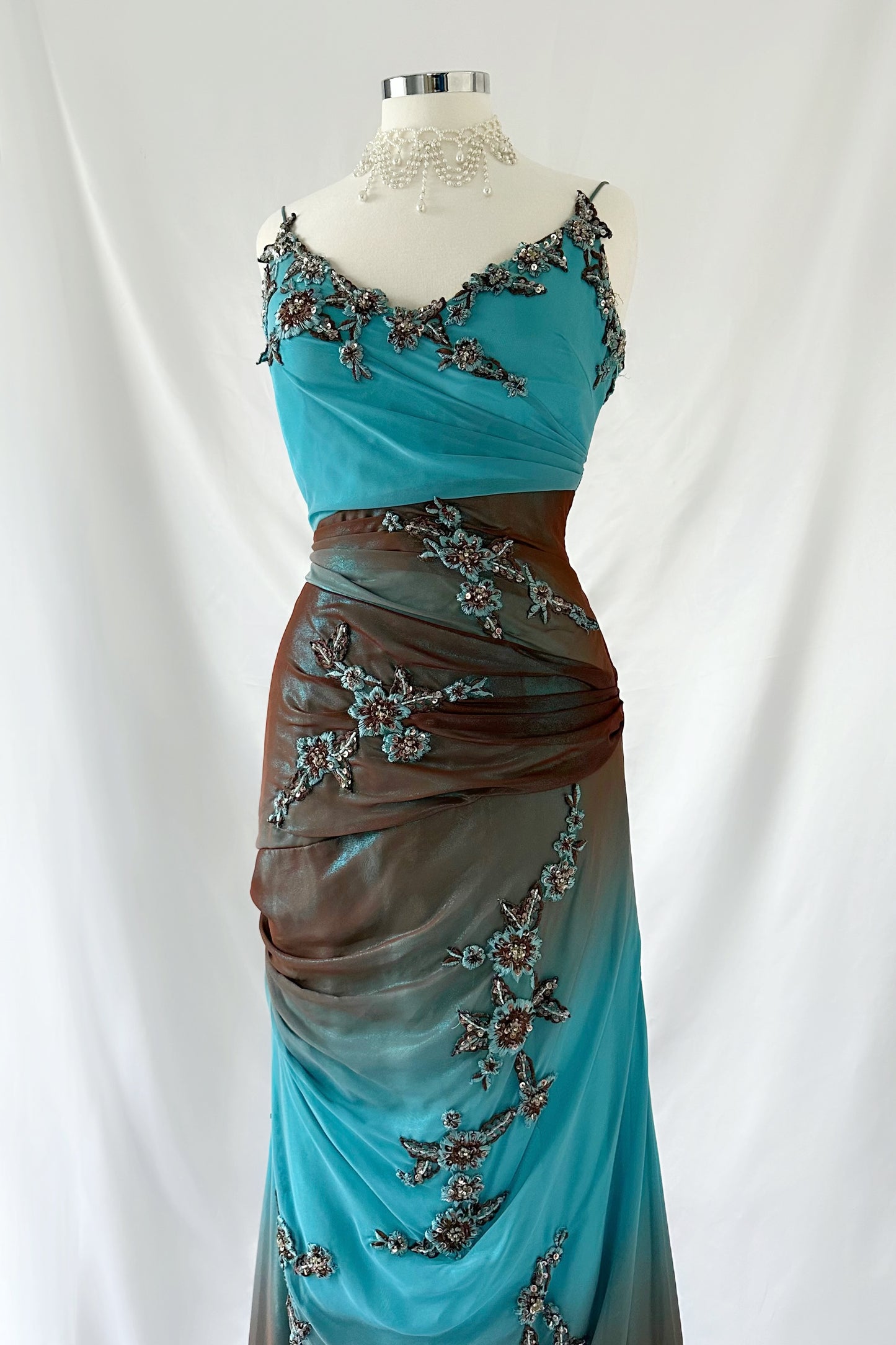 ENCHANTED COCOA & BLUE IRIDESCENT DRAPED GOWN